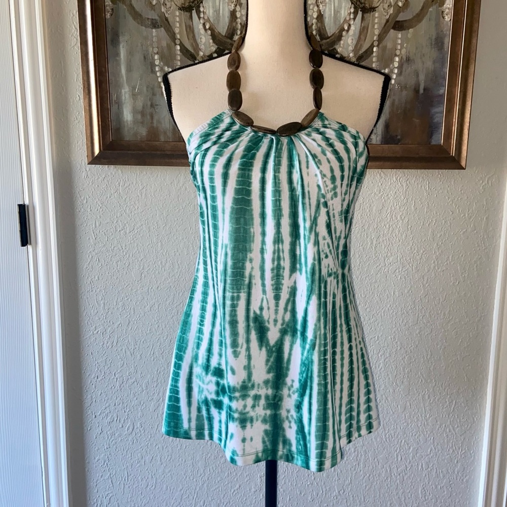 L8ter Green and White Tie Dye Wood Beaded Halter Tank Top Large